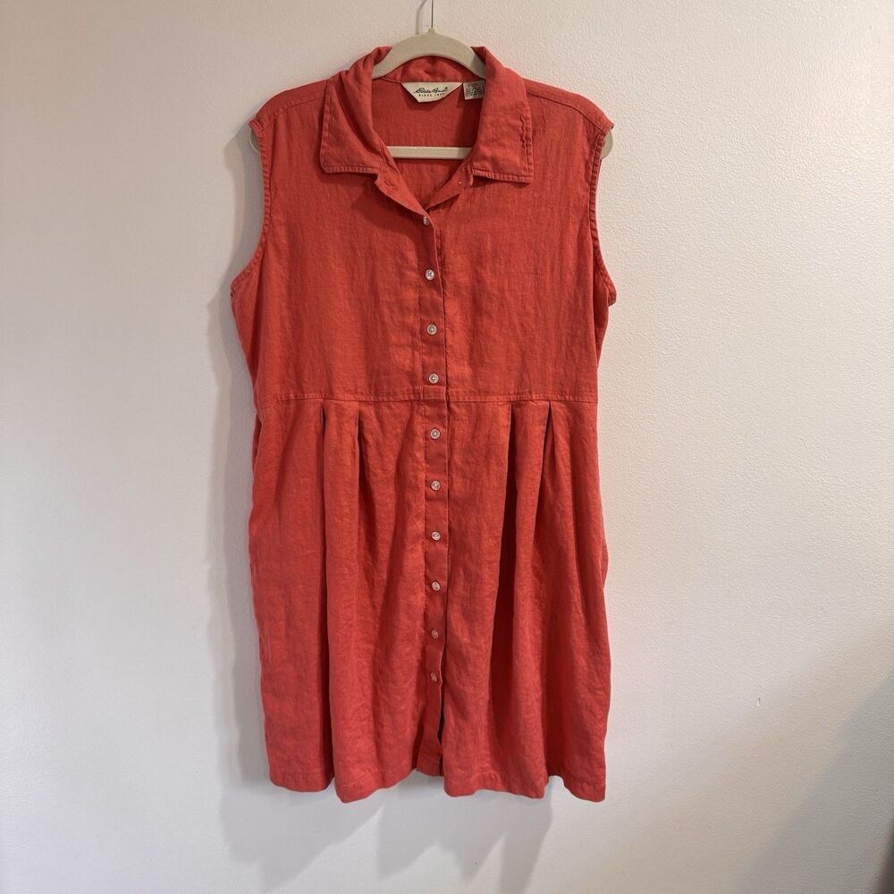 Eddie Bauer Shirt Dress XL 100% Linen Button Front Swing Coral Pink Orange
